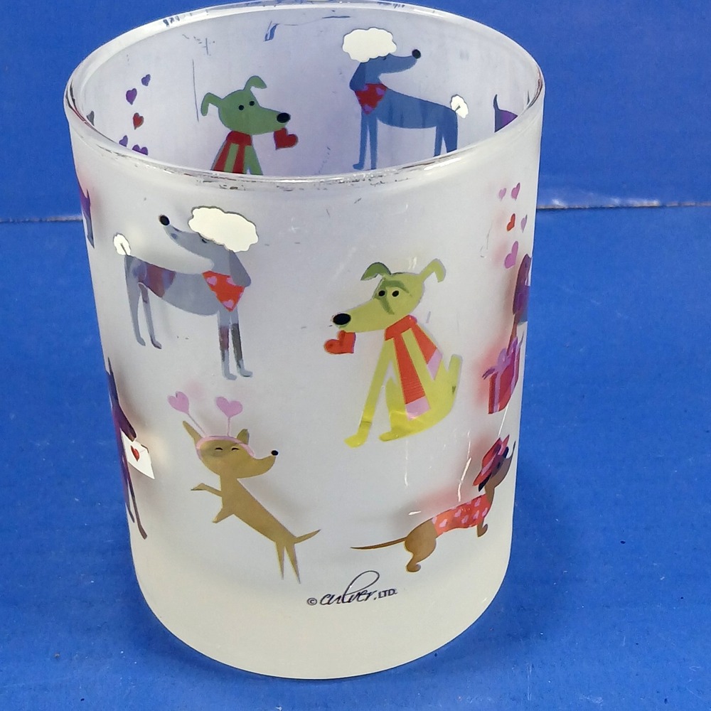 CULVER Glass Valentine's Day Dogs Hearts Satin Frost Double Old Fashioned